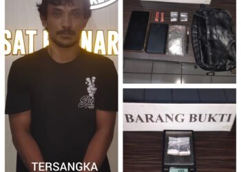 Pelaku saat diamankan bersama sejumlah barang bukti