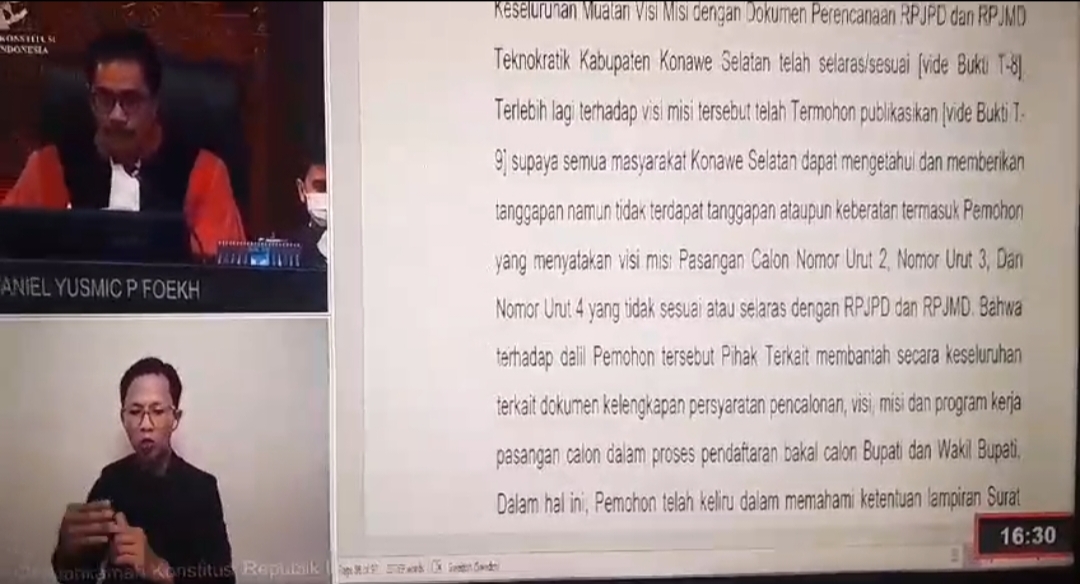 MK Meyakini Tahapan Pilkada Konsel Telah Sesuai Ketentuan, Gugatan AJP-James Ditolak