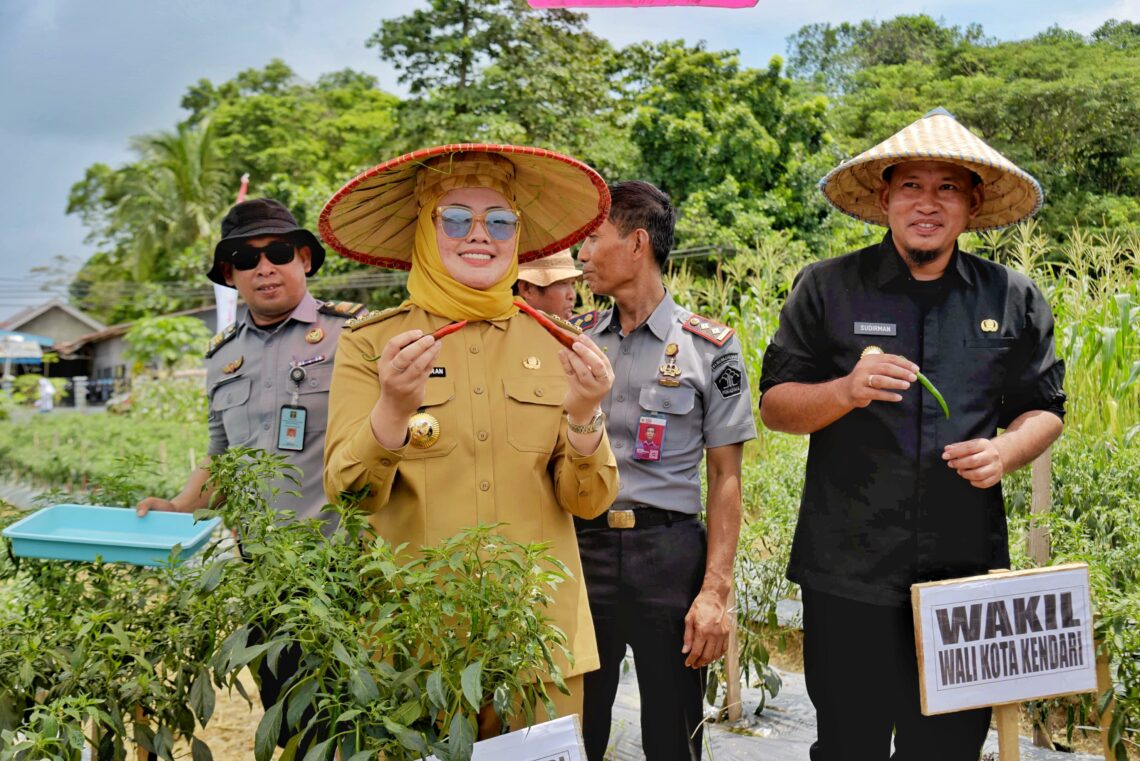 Wali Kota Kendari, Siska Karina Imran bersama Wakil Wali Kota, Sudirman saat panen komoditi pertanian di Lapas Kendari