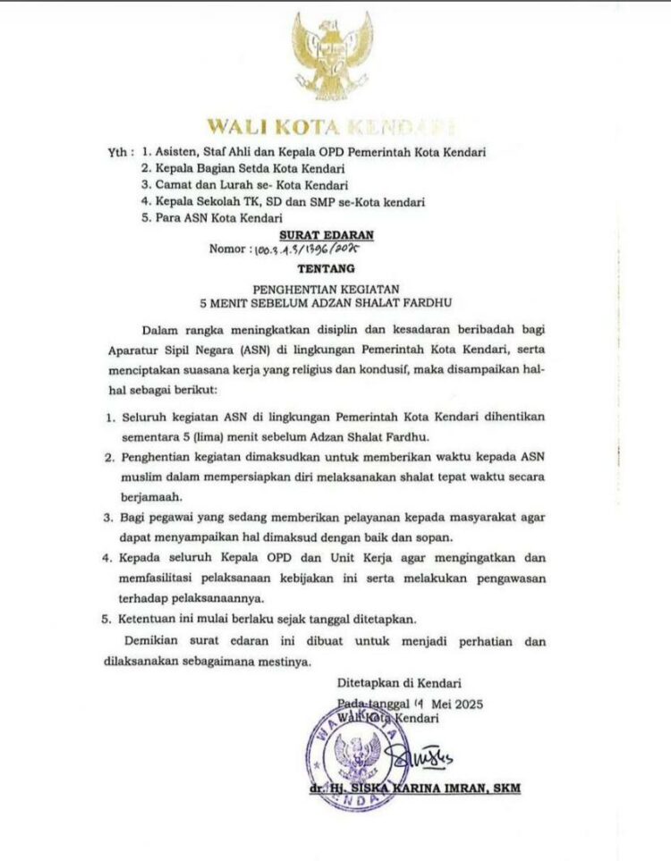Surat Edaran Wali Kota Kendari untuk ASN Lingkup Pemkot Kendari