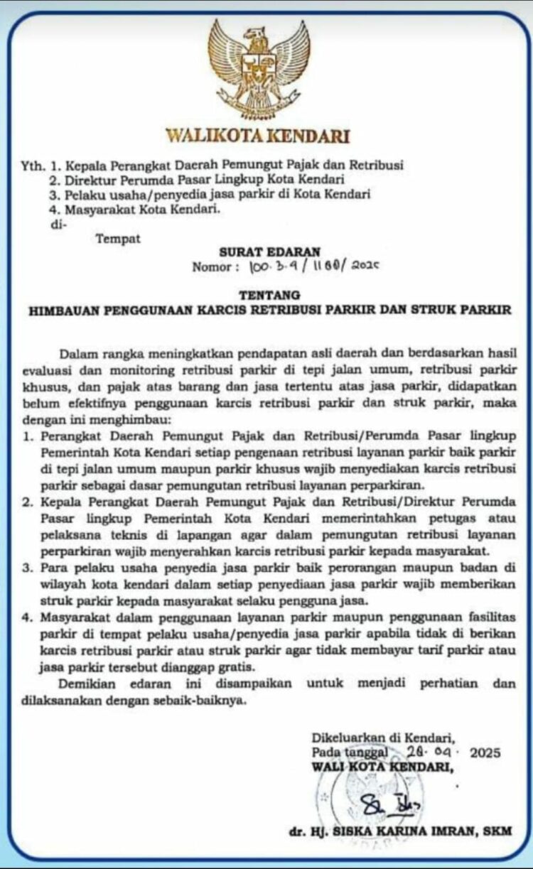 Surat Edaran Pemkot Kendari terkait retribusi parkir