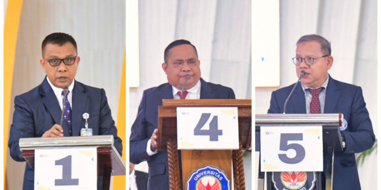 Ketiga Calon Rektor UHO, Prof. Armid, S.Si., M.Si., M.Sc., D.Sc, Prof. Dr. Ruslin, S.Pd., M.Si,
Prof. Dr. Ir. Takdir Saili, M.Si.