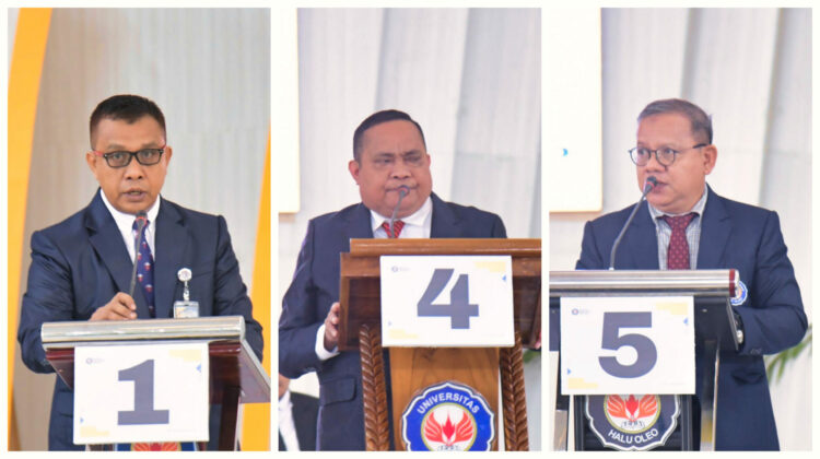 Ketiga Calon Rektor UHO, Prof. Armid, S.Si., M.Si., M.Sc., D.Sc, Prof. Dr. Ruslin, S.Pd., M.Si,
Prof. Dr. Ir. Takdir Saili, M.Si.