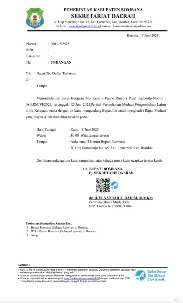 Surat mediasi Pemda Bombana menindaklanjuti surat Kerajaan Moronene