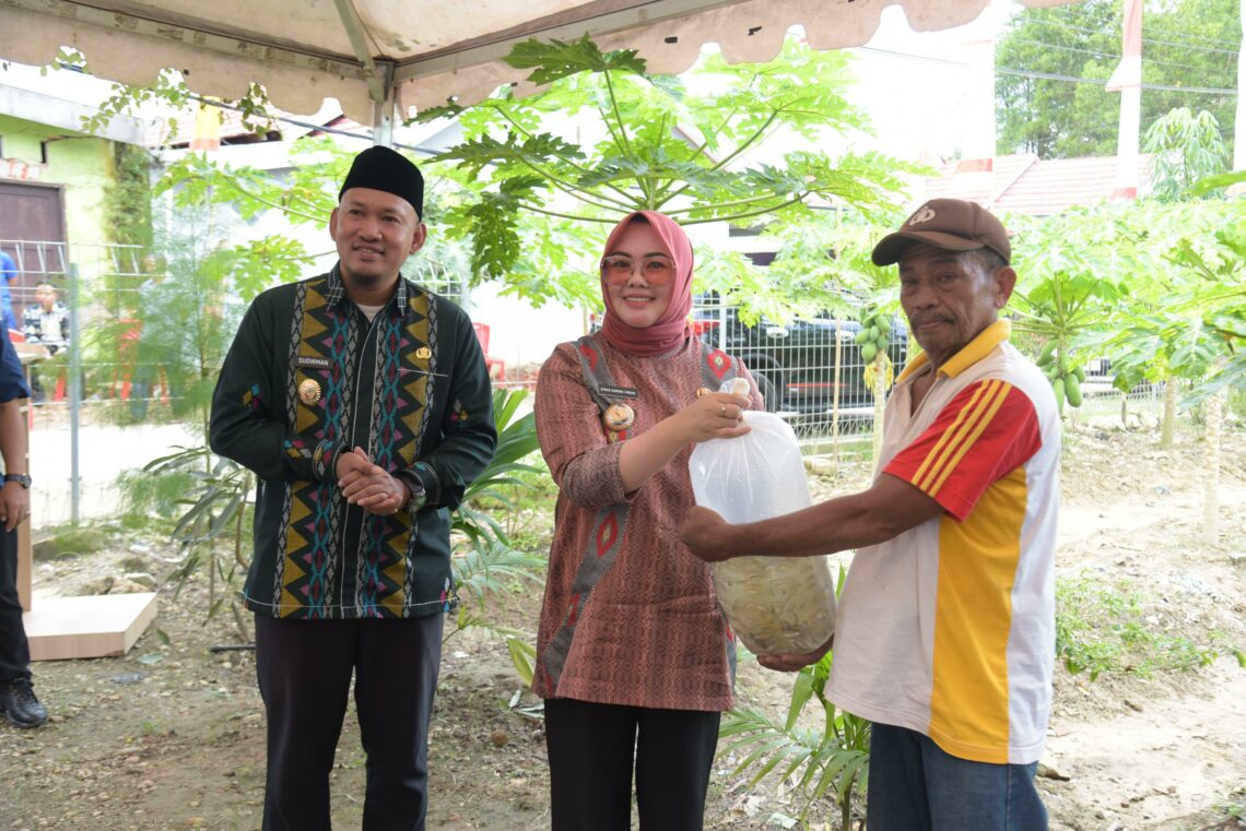 Wali Kota Kendari, Siska Karina Imran didampingi Wakil Wali Kota, Sudirman menyerahkan secara simbolik bibit ikan