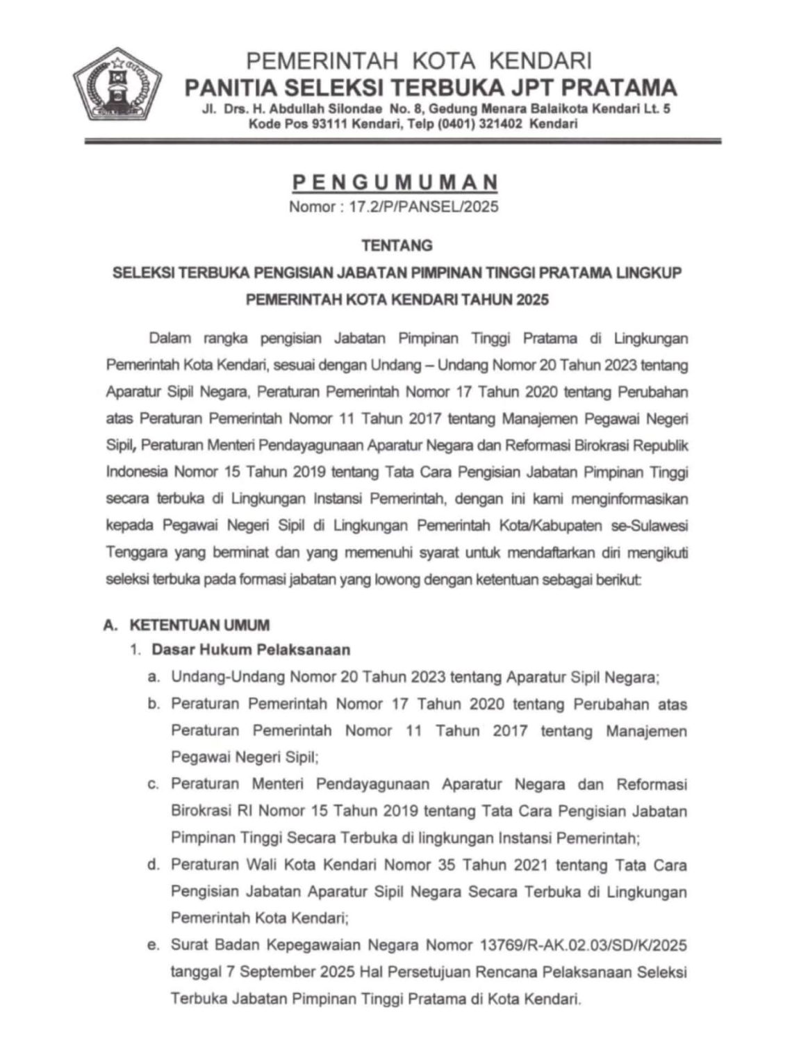Pengumuman seleksi terbuka JPTP