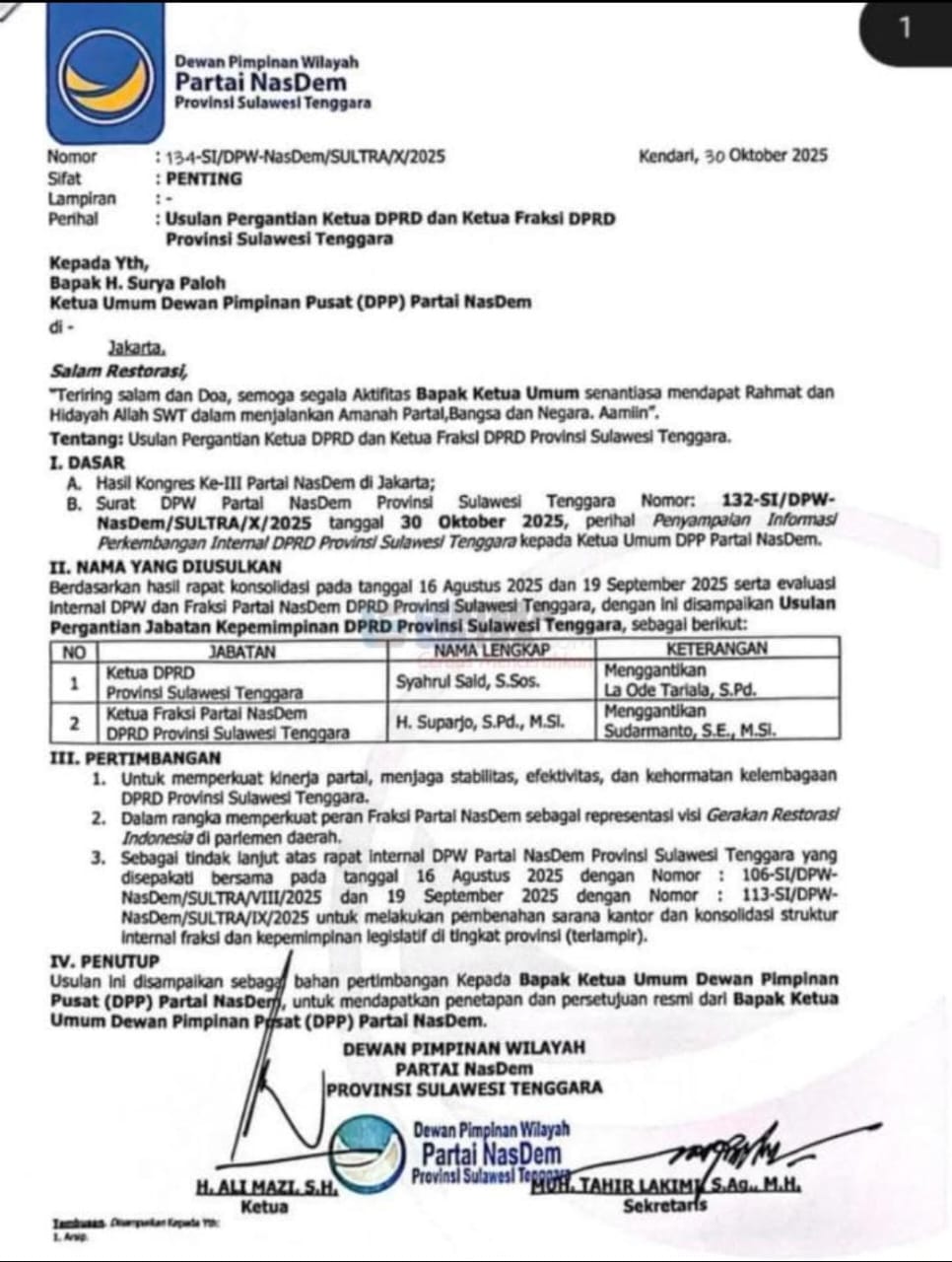 Isu Pergantian Ketua DPRD Sultra Menguat, DPW Partai Nasdem Usulkan Nama Ini?