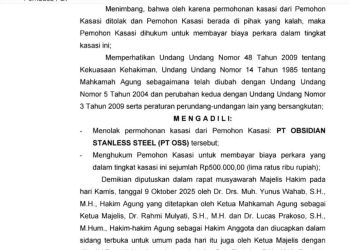 Salinan putusan kasasi PT OSS yang ditolak MA