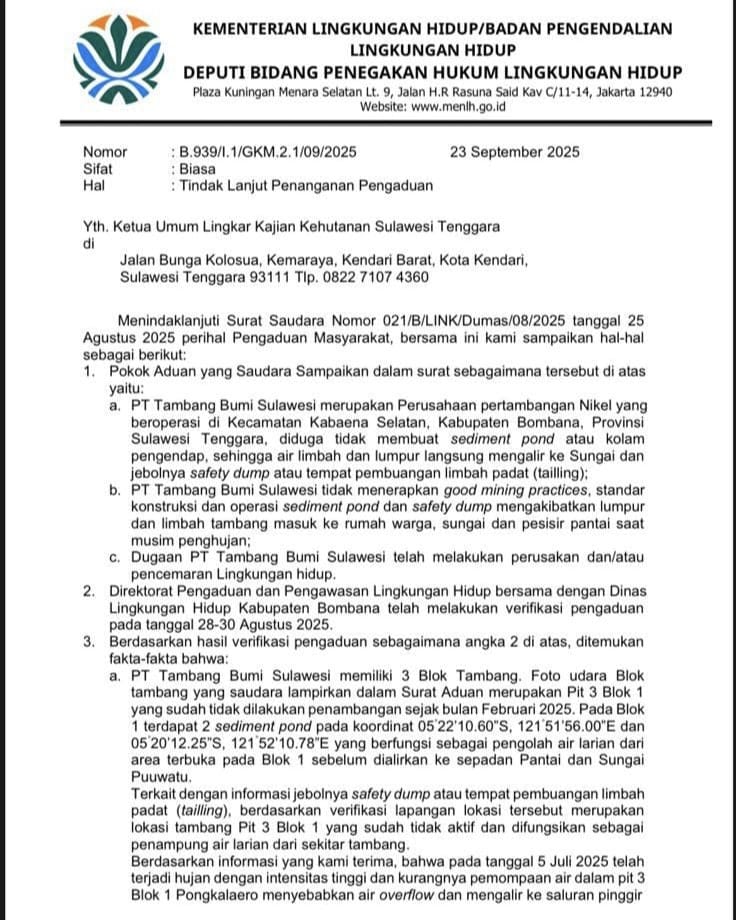 Aduan Pencemaran PT TBS Menguap, Tindak Lanjut Sanksi KLH Tak Jelas 10 Surat DLH Provinsi Sultra terkait PT TBS