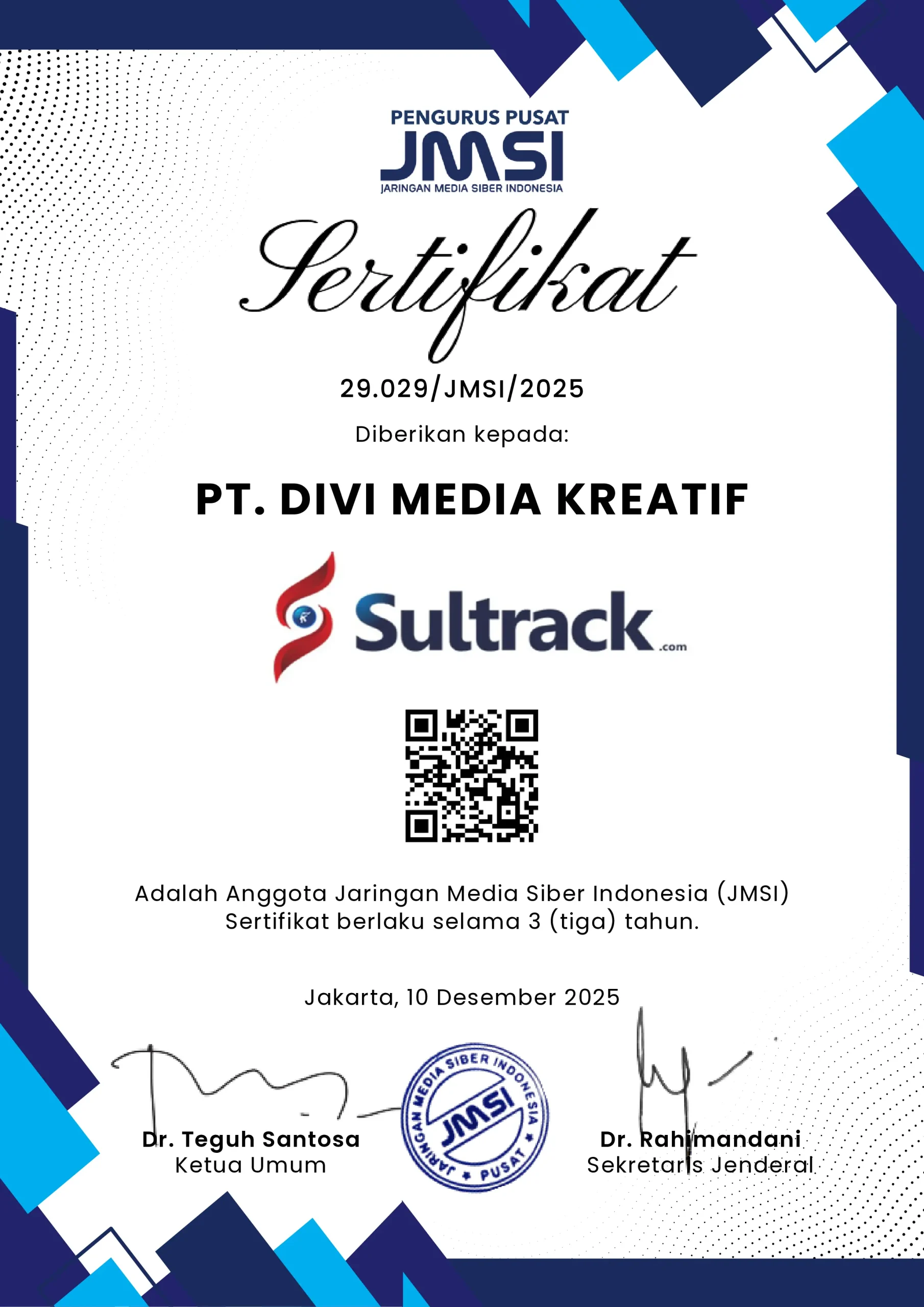 Sertifikat JMSI PT DIVI MEDIA KREATIF SULTRACK.COM