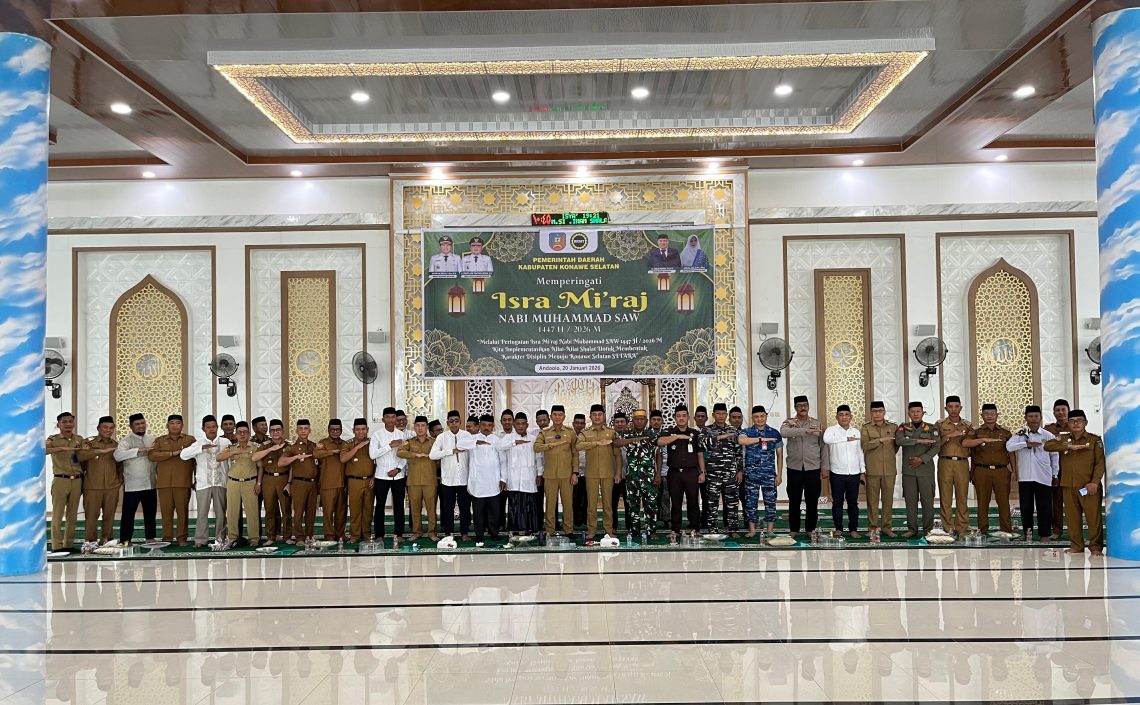 Pemkab Konsel bersama BKMT, menggelar kegiatan peringatan Isra Mi’raj 1447 Hijriah/2026 Masehi di Masjid Al-Imran, Andoolo.