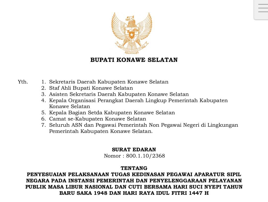 Pemkab Konsel Pastikan Pelayanan Tetap Optimal Meski Terapkan WFH dan WFO 10 Surat edaran Bupati Konsel terkait penarapan WFH dan WFO