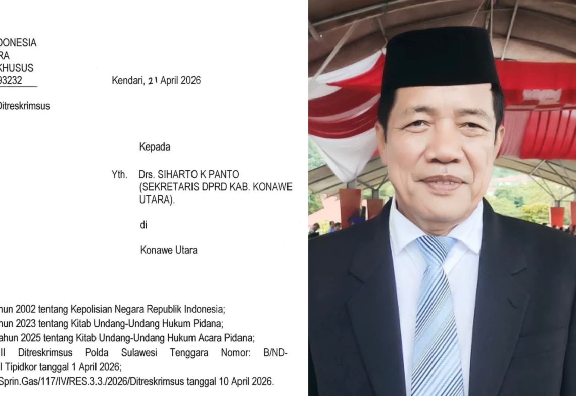 Mantan Sekwan DPRD Konut, Siharto K. Panto beserta surat panggilan dari Polda Sultra