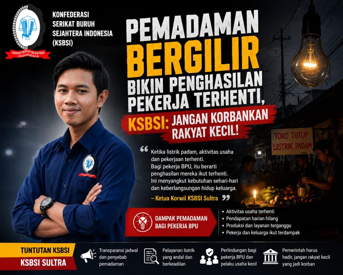 Listrik Padam Bergilir di Sultra, KSBSI Soroti Nasib Pekerja BPU 10 Ketua Korwil KSBSI Sultra, Iswanto Sugiarto, menyebut pekerja BPU sebagai kelompok paling rentan saat pasokan listrik terganggu