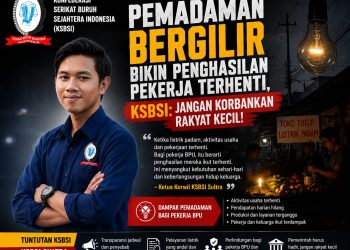 Ketua Korwil KSBSI Sultra, Iswanto Sugiarto, menyebut pekerja BPU sebagai kelompok paling rentan saat pasokan listrik terganggu