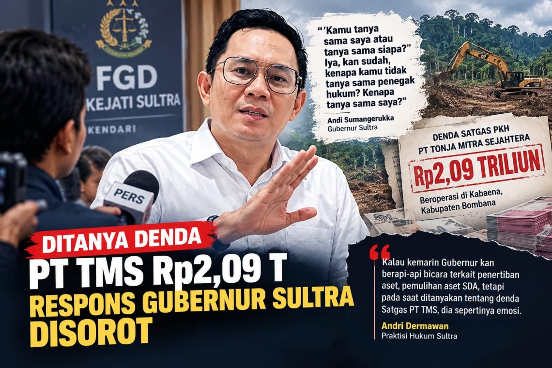 Praktisi Hukum Sultra, Andri Dermawan, menilai respons ASR soal denda PT TMS kontras dengan pernyataannya saat memberikan sambutan dalam agenda Kejati Sultra yang sebelumnya berbicara lantang mengenai pentingnya penertiban dan pemulihan aset SDA